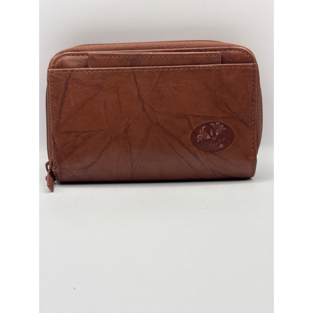 Buxton Brown Genuine Leather Double Zip Around RFID Organizer Wallet Women